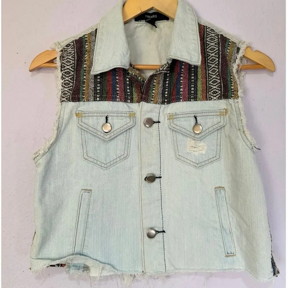 Forever 21 Denim Vest Women Aztec Size S Distressed‎ Frayed Hem Boho Festival